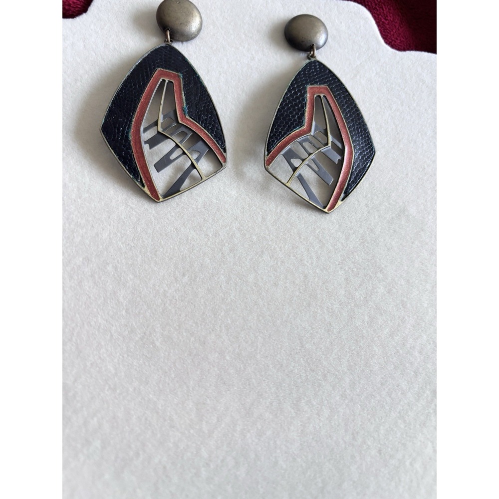 VTG Edgar Berebi Dangle Earrings Red Enamel Art Deco 1980 2.5x1.5